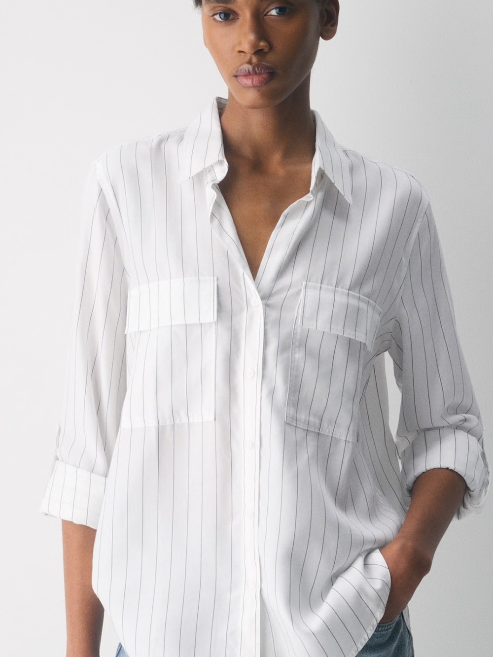 Aritzia Babaton Utility Button-Up Shirt White Pinstripe Size M TENCEL